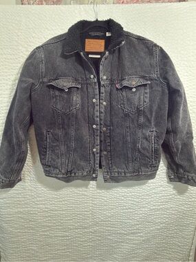 Levi's Black Washed Denim Jacket with Black Sherpa Collar with Big E medium